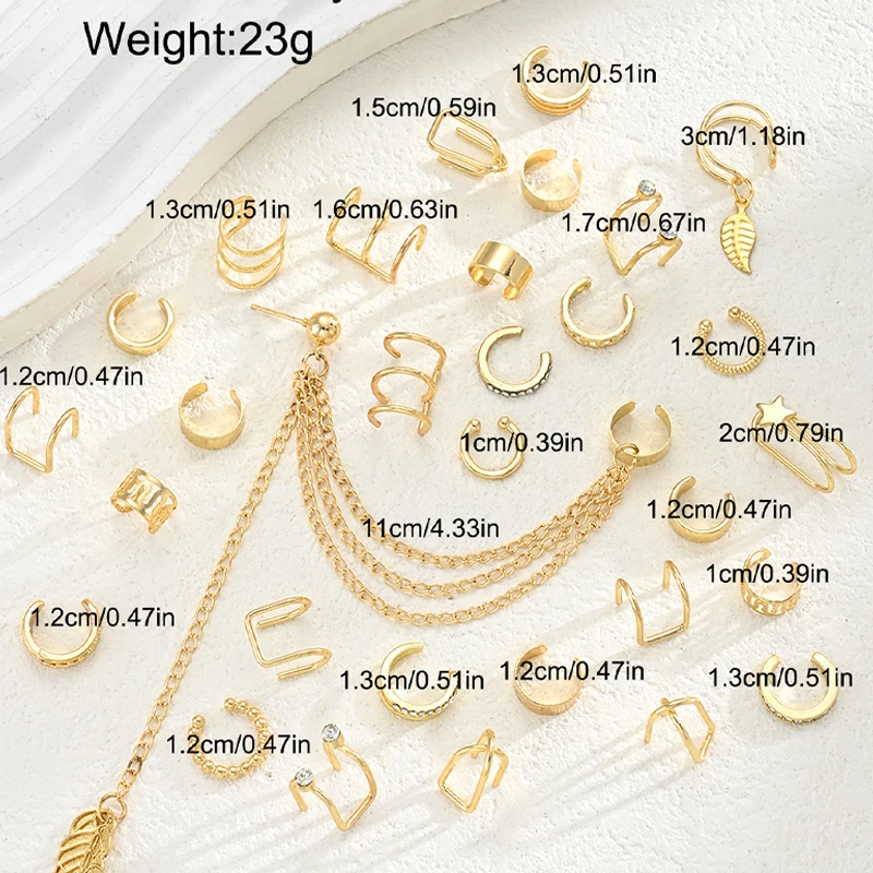 31-teiliges Set Blatt-Ohrclips für Frauen in Goldfarbe, Kreative Einfache C-förmige Ohrklemmen ohne Piercing, Trendiger Modeschmuck, Neue Geschenkideen – Detail 7