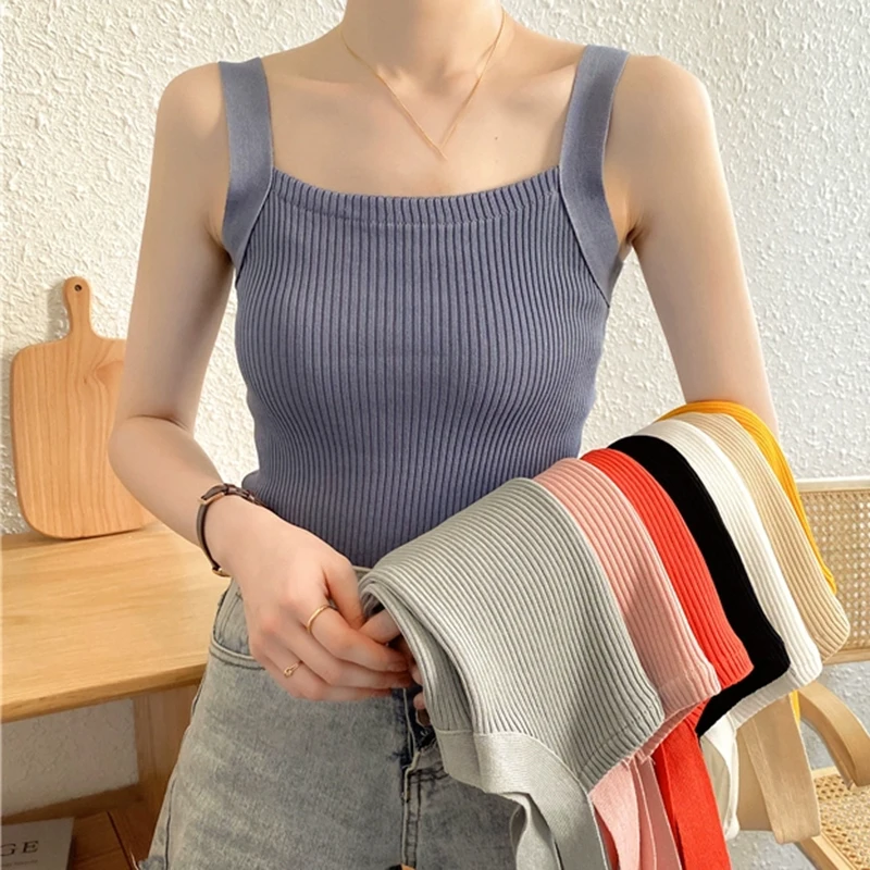 

Майка с квадратным вырезом, женский вязаный укороченный топ без рукавов в рубчик для девочек-подростков, майки и майки, летняя повседневная одежда