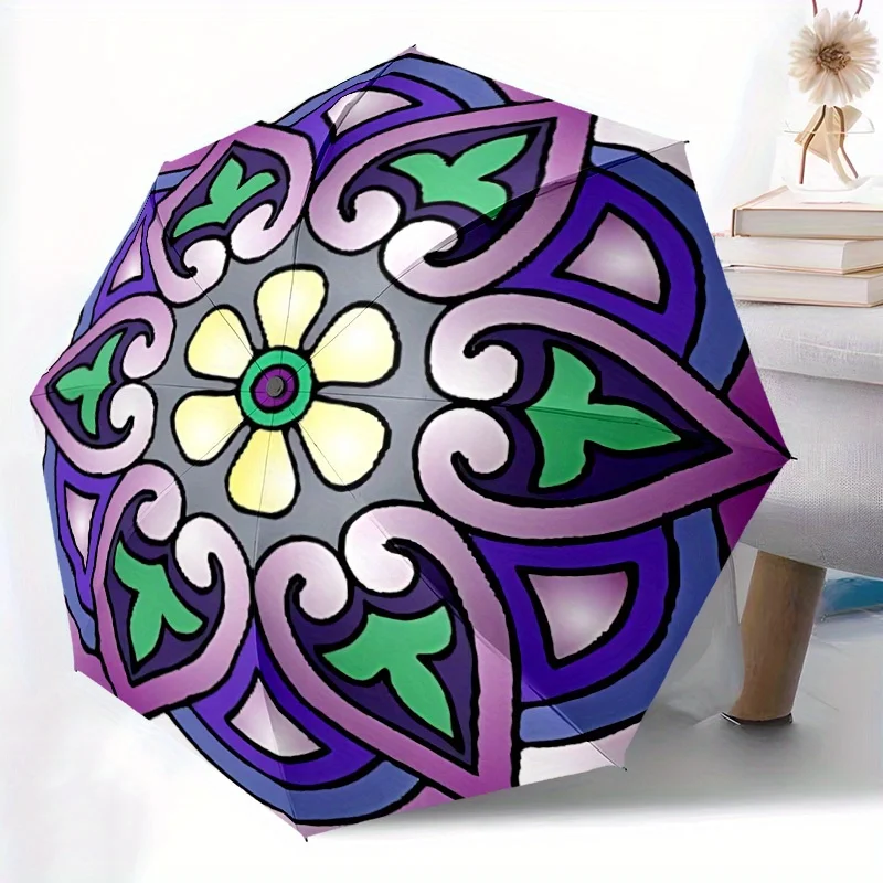 

1pc Floral Mandala Design Folding Umbrella with Excellent, 8 Ribs Casual Durable Lightweight Portable Travel Umbrella for Men