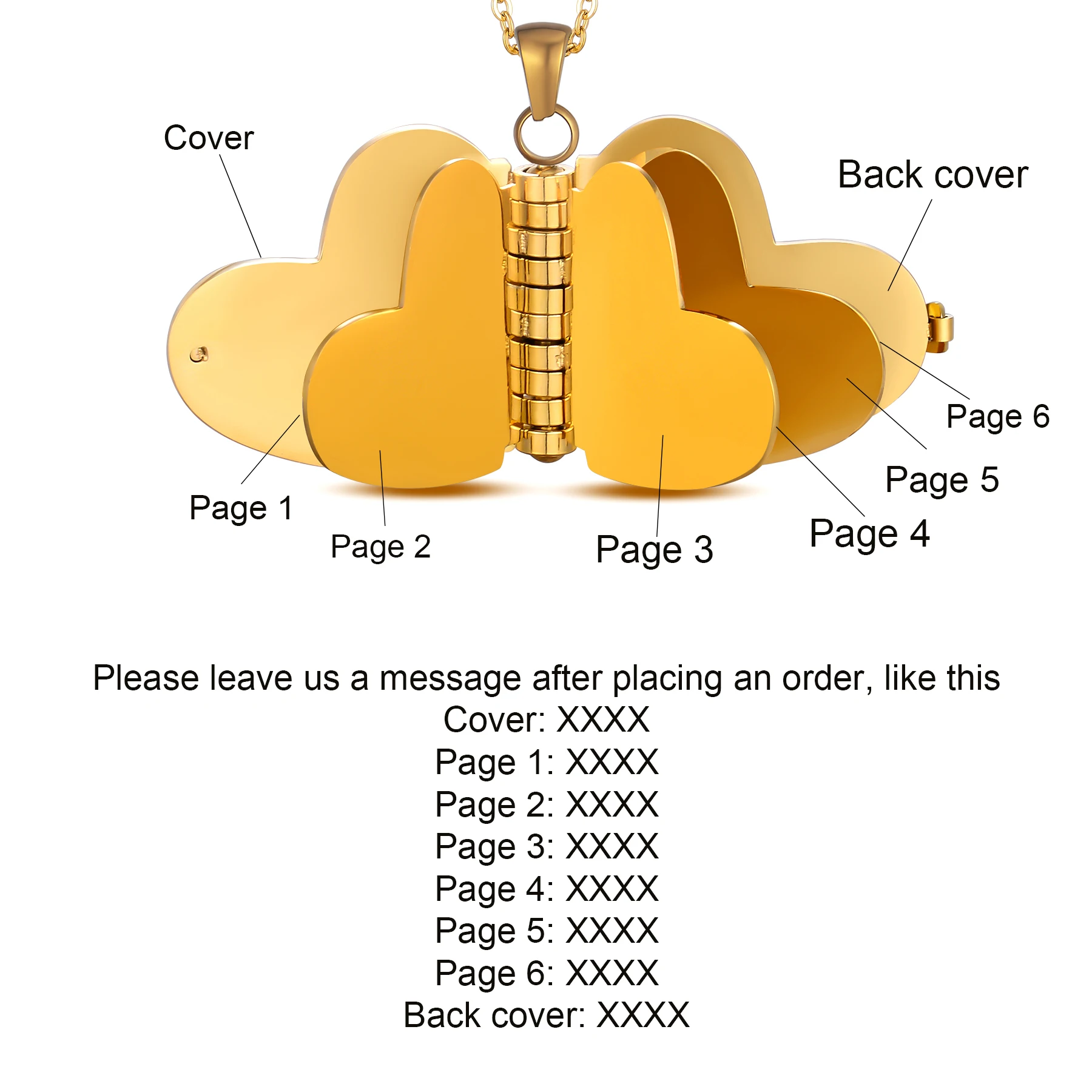 Collana con ciondolo libro in acciaio inossidabile a forma di cuore, messaggio personalizzato, testo apribile, libro multi-paglia, parole, regalo di gioielli personalizzati