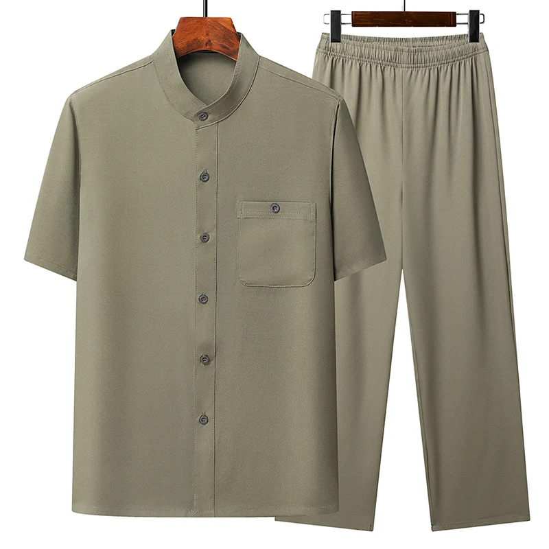 Tang Suit (Top + Pants) Middle-aged and Elderly Men Ice Silk Loose Chinese Grandpa Chinese Style Standing Collar Shirt Suit