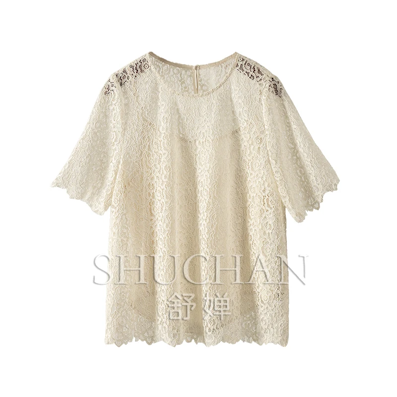 

French High-quality Lace Round Neck with Silk Shirt Female Blouse for Women Blusas De Verano Mujer Tops Women