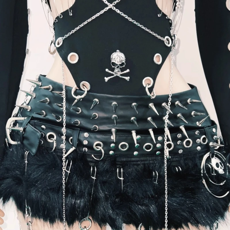 Gótico preto escuro oco para fora colete de uma peça feminino original indústria pesada punk saia curta sexy doce legal saias terno senhoras