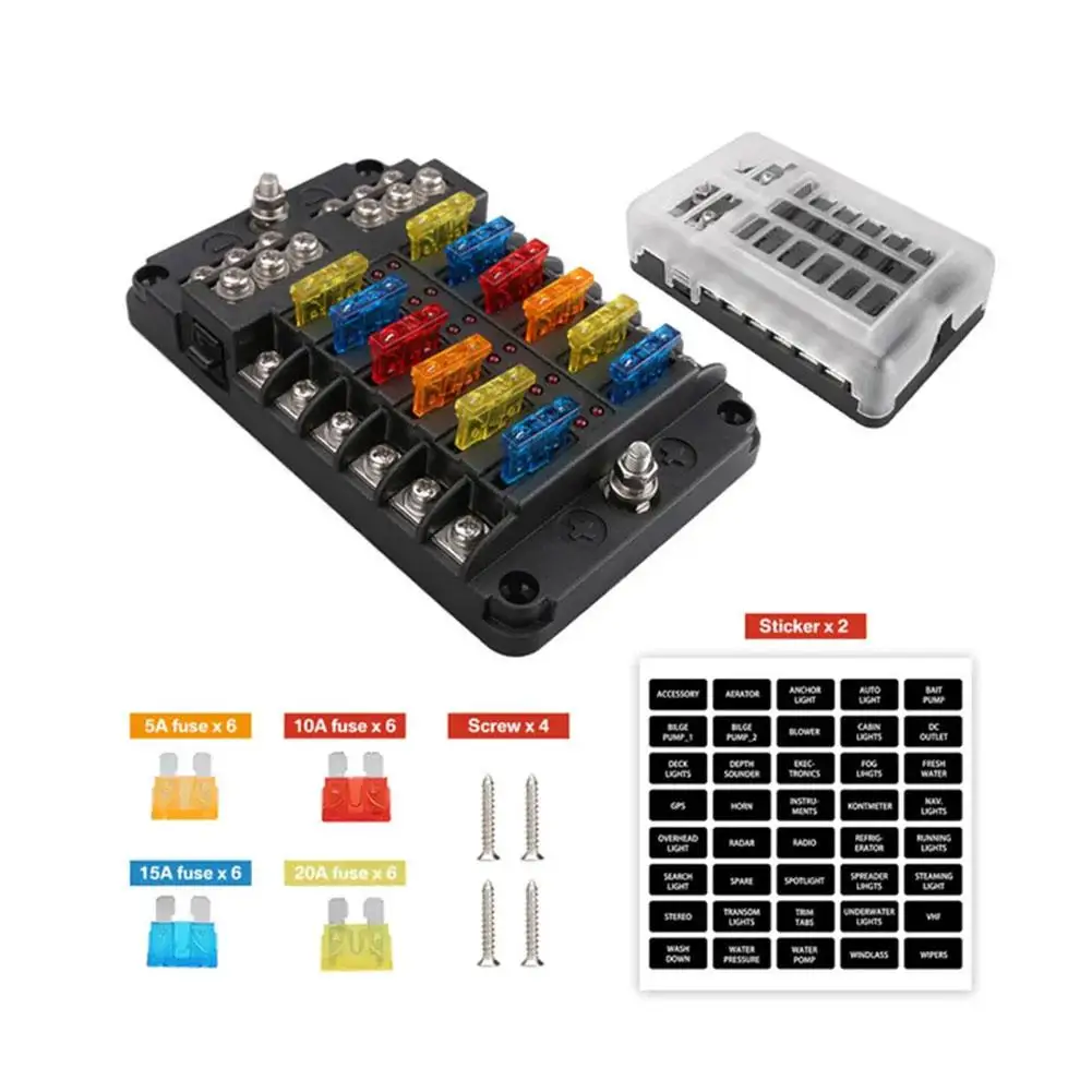 6-Way&12-Way Car Boat Fuse Box Holder With Plastic Cover LED Warning Indicator 12V 32V Power Distribution Panel