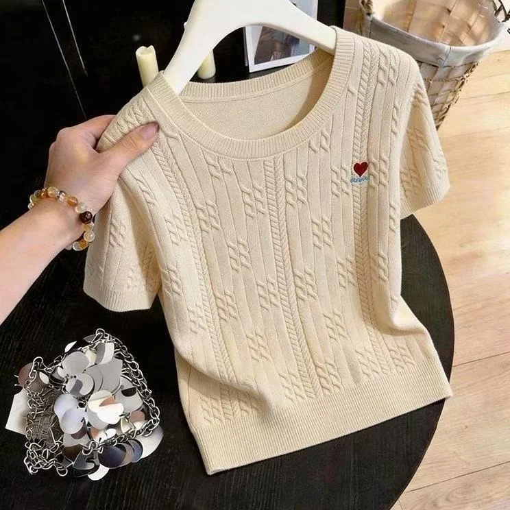 

Elegant Embroidered Ice Silk Short Sleeve T-Shirt Women's Summer Fashion Slimming Knitted Top Casual Style Regular Fit