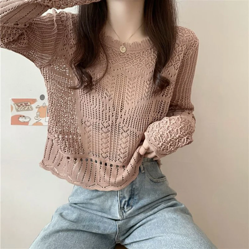 Camisetas caladas de Color sólido de punto con cuello redondo para mujer, ropa femenina, novedad de verano 2021, camisetas coreanas holgadas, camiseta informal