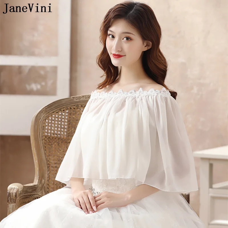 JaneVini Màu Trắng Thanh Lịch Phối Ren Voan Bolero Novia Cổ Thuyền Cô Dâu Khăn Choàng Che Cánh Tay Burgundy Cưới Cô Dâu Áo Choàng Đen Đỏ Stoles