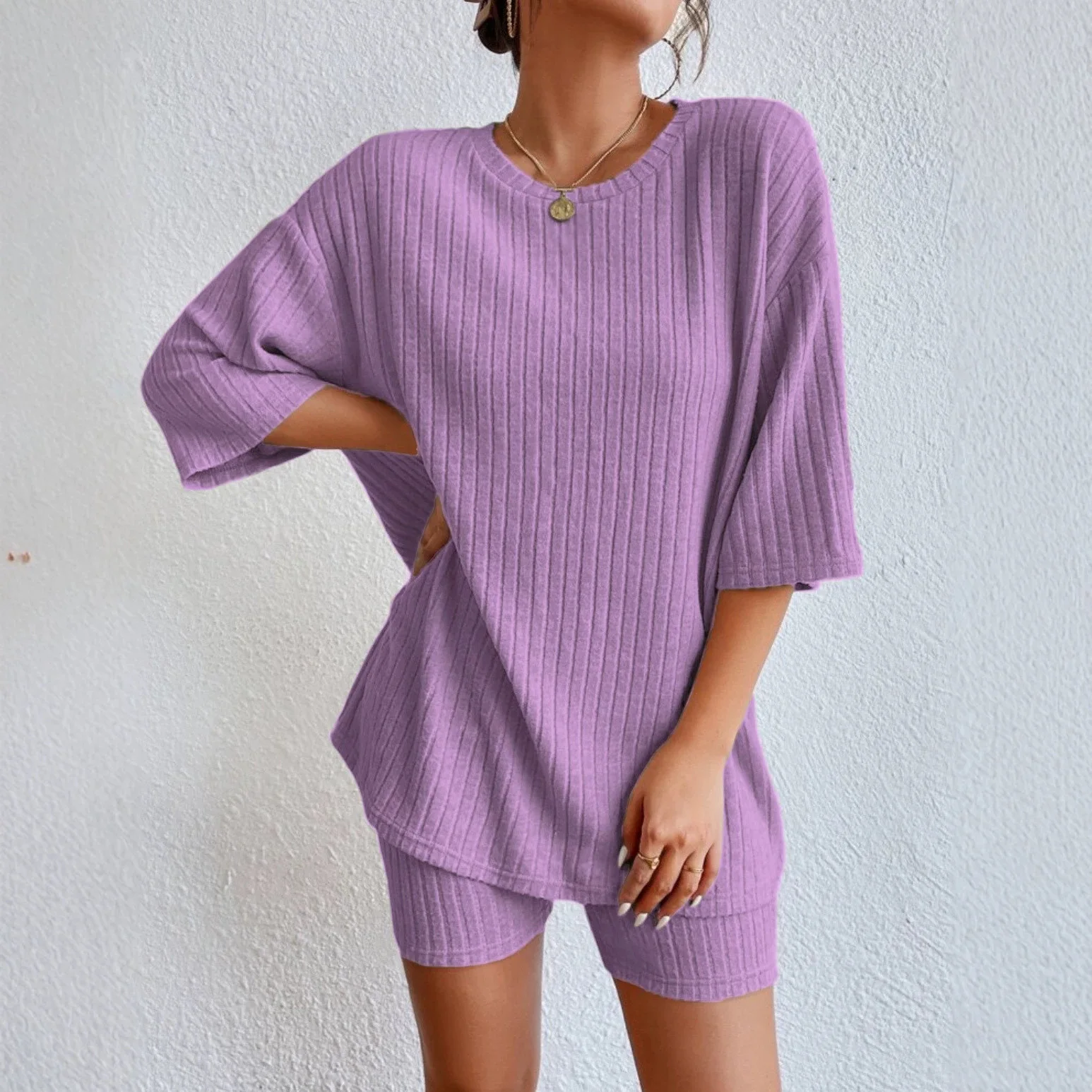 Summer Solid Round Neck Loose Shorts Set Women's Casual 2-Piece