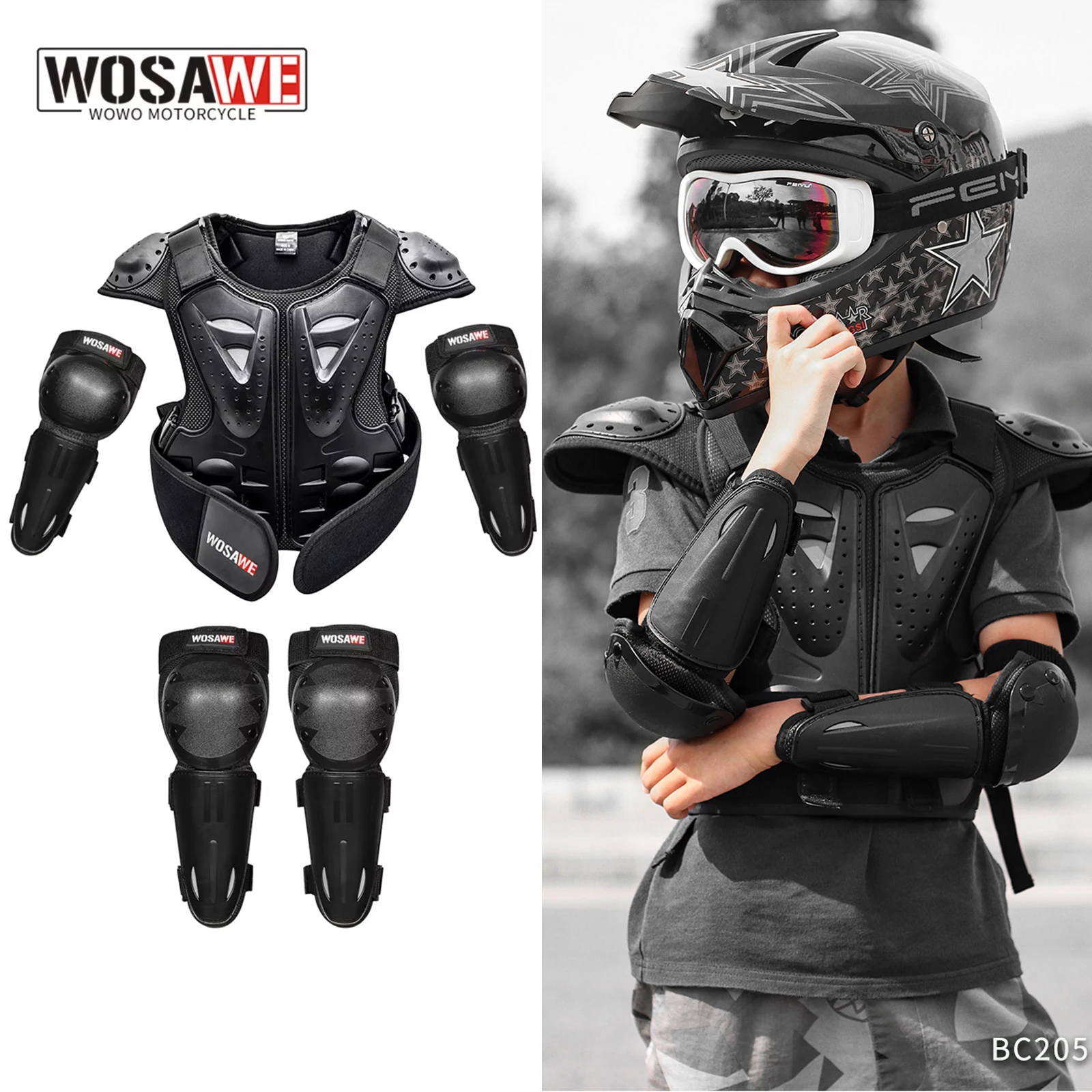 WOSAWE, equipo de protección para motocicleta, armadura para el cuidado de carreras, traje de armadura para niños, traje de protección para niños, deportes, rodilla y codo