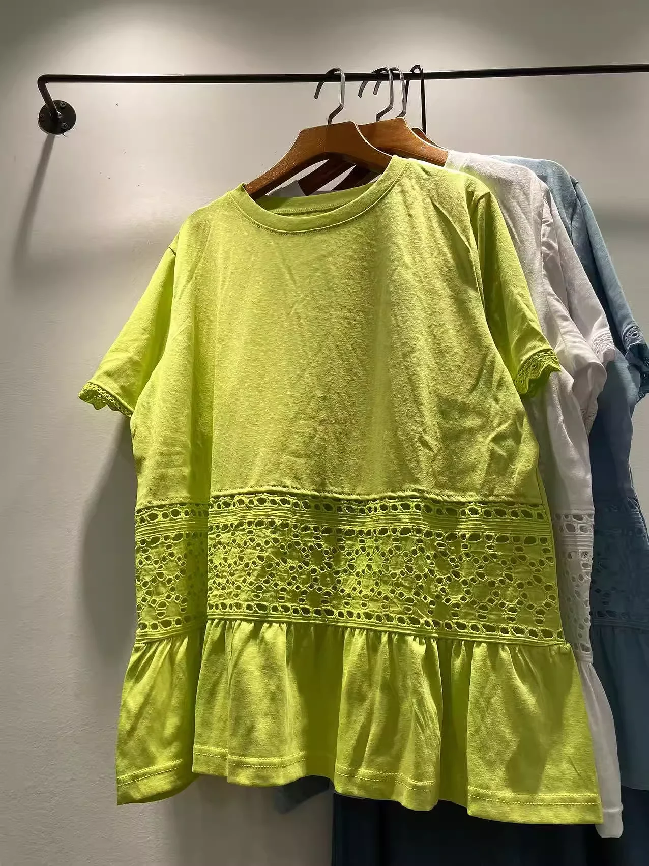 

Bust 114cm morigirl style Japan fashion cotton solid t shirt for women 2025 summer casual hollow out patchwork shirts large size