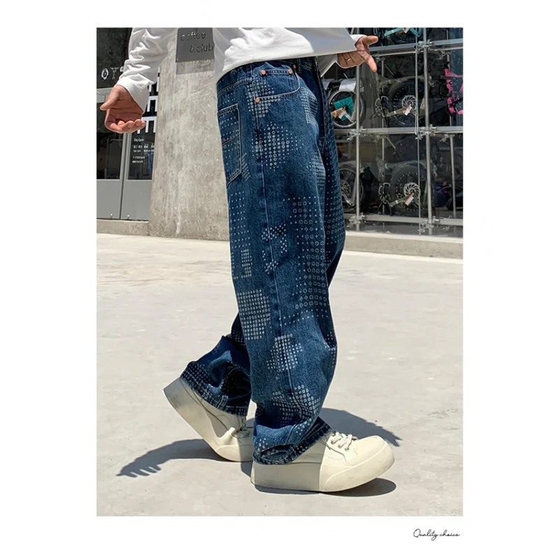 

2025 autumn laser printed jeans men's light luxury fashion trend brand loose straight leg casual floor length pants