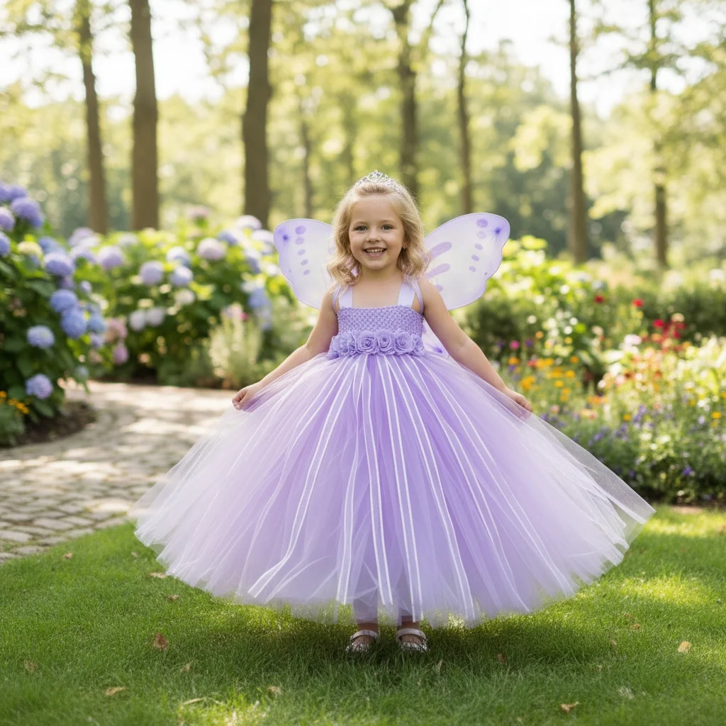 Girls Lavender Fairy Dress Kids Crochet Flower Tutu Dress Ball Gown with Butterfly Wing Children Girls Lavender Fairy Dress Kids Crochet Flower Tutu Dress Ball Gown with Butterfly Wing Children