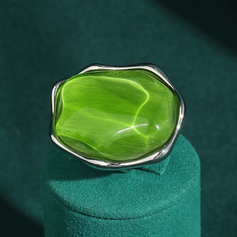 

Vintage Opal Ring Real For Woman Green Cat Eye Stone Irregular Alien Crystal Silver Color Designer Quality Luxury Brands Jewelry
