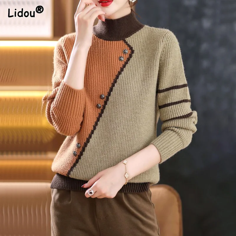 Asymmetrical Striped Button Knitted Splicing Sweaters Vintage Temperament Autumn Winter Thick Women\'s Clothing Elegant Keep Warm