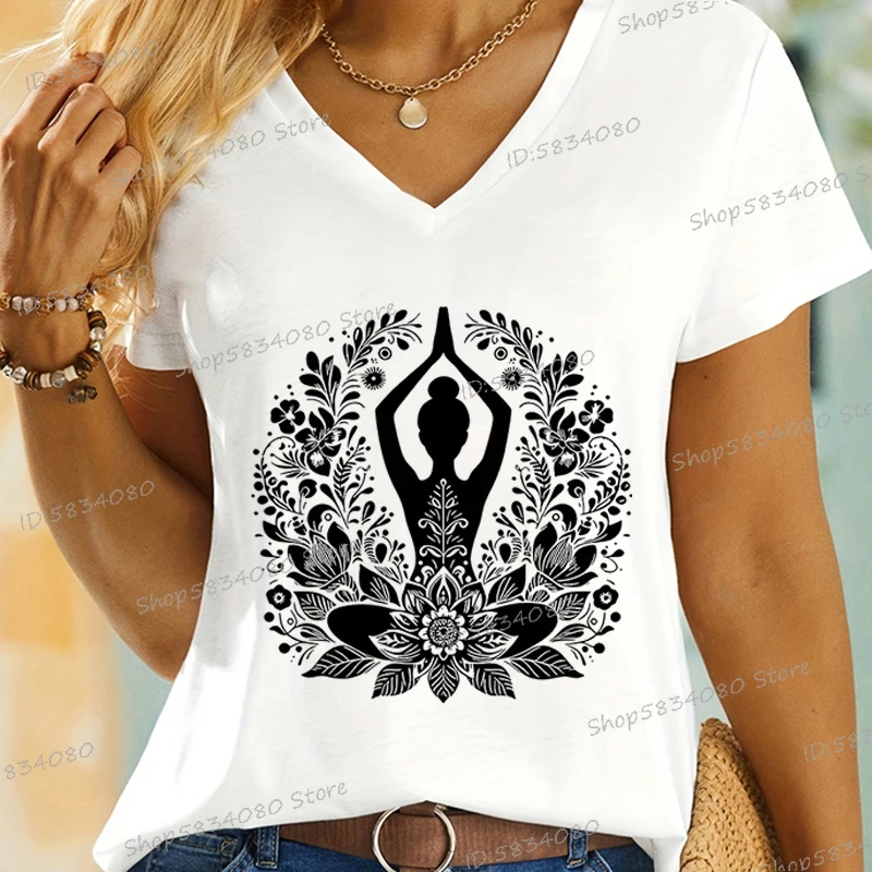 Women's Yoga Floral Shirt Design Graphic Short Sleeve Tee Casual Yoga Lover Gift V-neck Woman T-shirts Yoga Gifts Apparel Tops