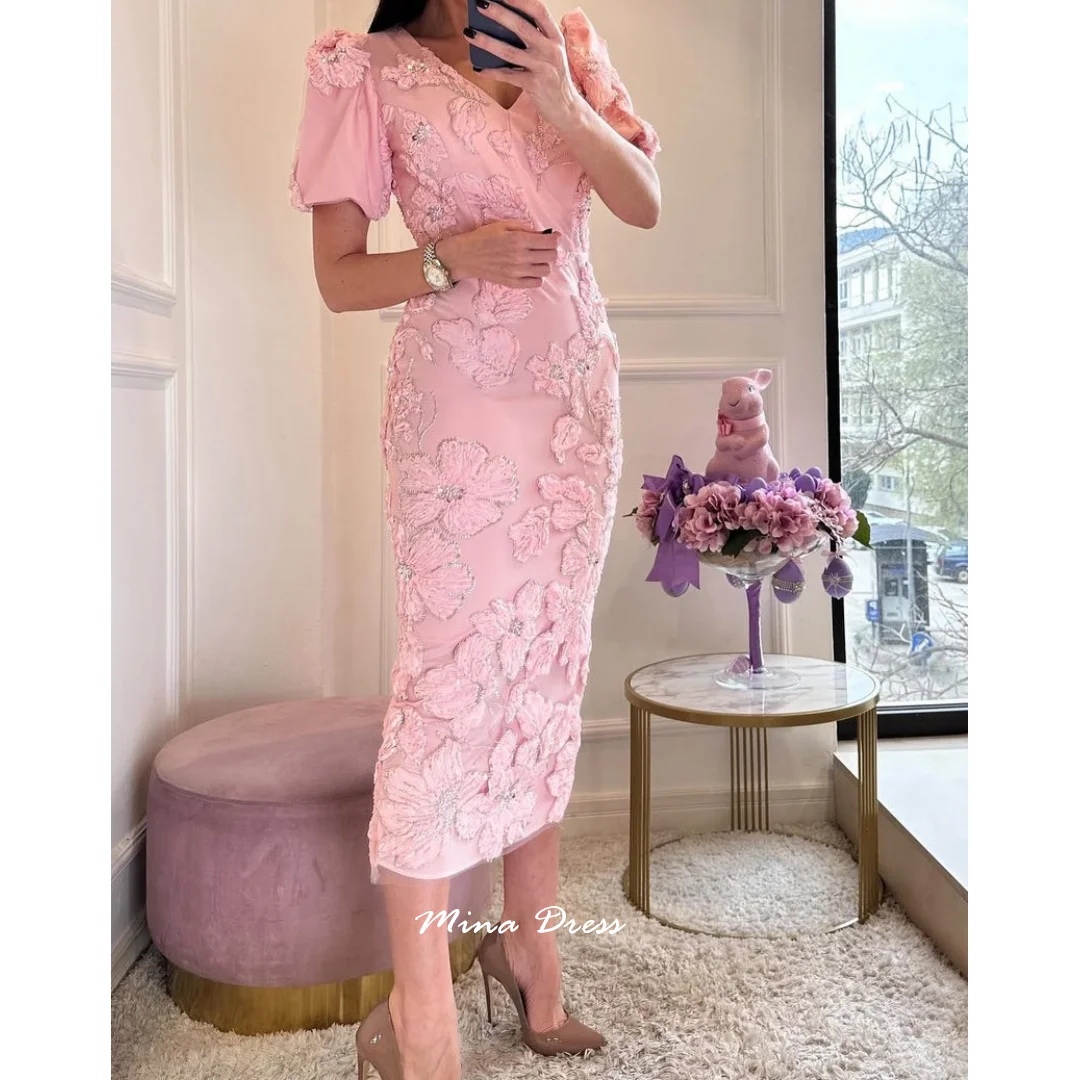 

Mina Customized Pink Luxurious Women's Evening Dresses for Special Occasions 3D Flowers Beads Evening Dress Luxury Elegant Party