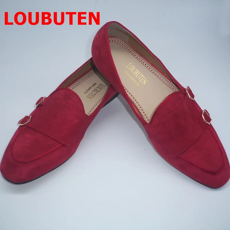 

LOUBUTEN Handmade Rose Red Men Suede Loafers Dress Shoes Monk Strap Shoes For Men Casual Flats Party And Wedding Shoes