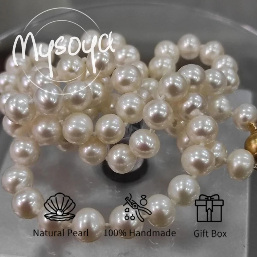 

MYSOYA 7-8mm Natural White Freshwater AK Pearl Necklace For Women And Men Gift Box Birthday Wedding Anniversary Jewelry Gift