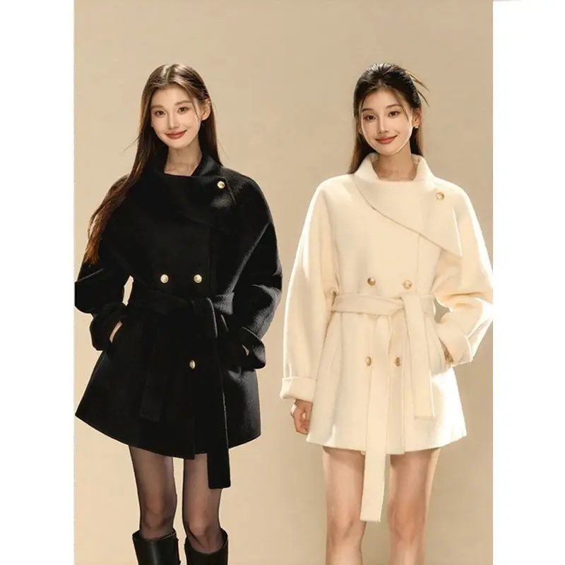 Qianjin Woolen Coat Women's 2024 Winter New Gold Buckle Thin Belt Medium Long Double sided Coat