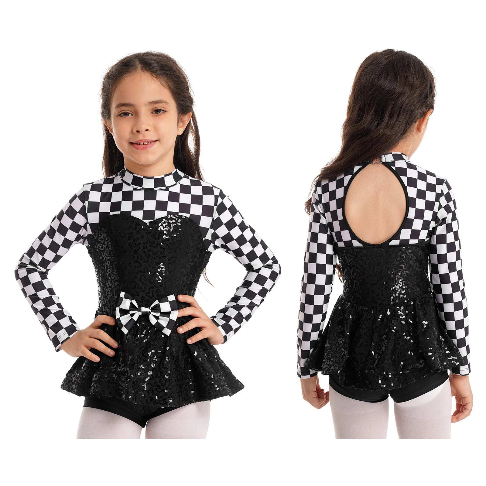 Kids Girls Racer Costume Bodysuits Long Sleeve Sequin Checkerboard Bowknot Bodysuit for Cosplay Dress Up Fancy Party Performance