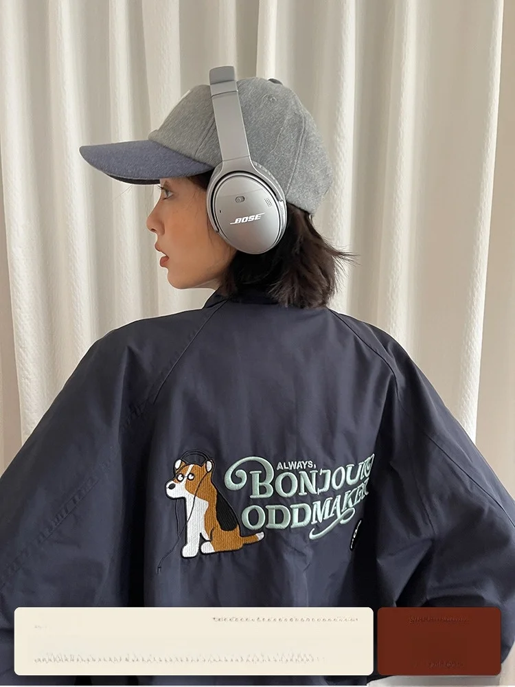 

Original ort Women's Baseball Jaet Odd er Korean Sle Loose Fit Cotton Nylon Blend Long Sve Blue Outerwear