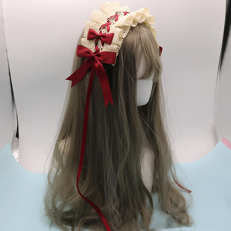 Diadema de encaje Lolita con lazo, Aro para el pelo con flores, Anime, mucama, Cosplay, accesorio para la cabeza, hecho a mano, venta al por mayor