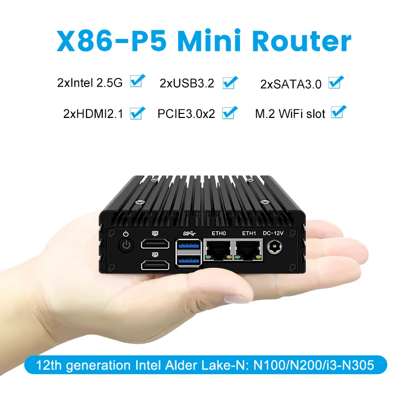 Topton X86 P5 كمبيوتر صغير بدون مروحة 12th Gen I3 N355 N305 N150 N100 DDR5 2x I226-V 2.5G 2x HD2.1 Proxmox Server Firewall Industrial