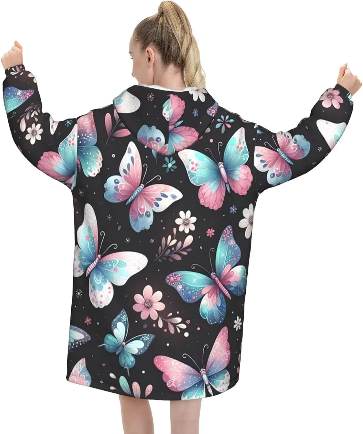 Oversized Adult Long Sleeve Flannel Hoodie Blanket Butterflies Flowers Shining Soft Fuzzy Hooded Sweatshirt Lounging Pullover