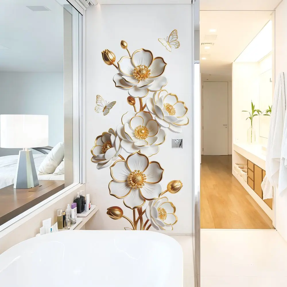 Artistic 3D Flower Wall Sticker White Gold PVC Decal Minimalist Home Decor Wallpaper For Bedroom Kitchen Living Room