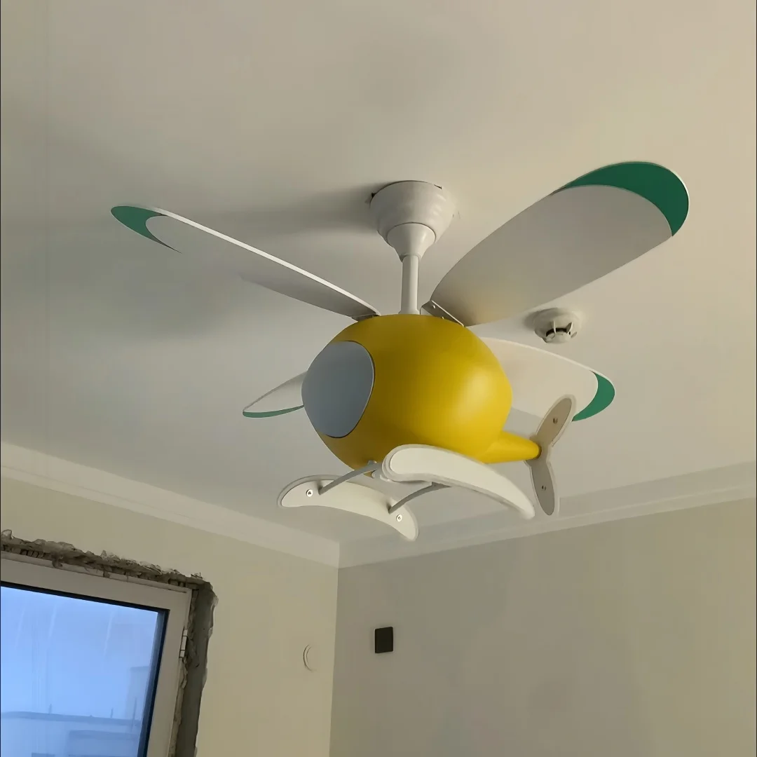 Dimmable Kids Helicopter Ceiling Fan Light Cartoon Aircraft LED Chandelier Silent Fan Lighting Fixture for Child Bedroom