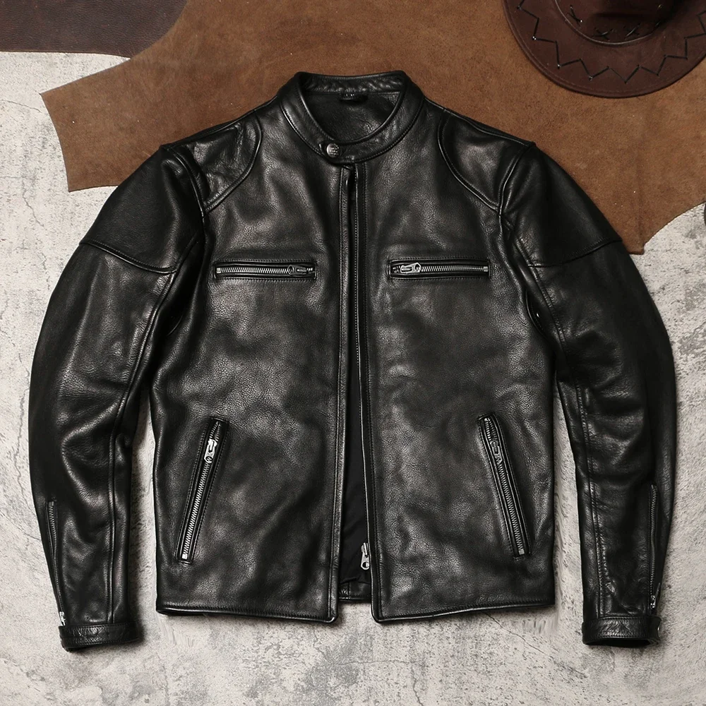 A  J100 Standing Collar Motorcycle Leather Jacket 1.4mm Wax Dyed Unpainted Cowhide Jacket Men's Genuine Leather Cycling Suit