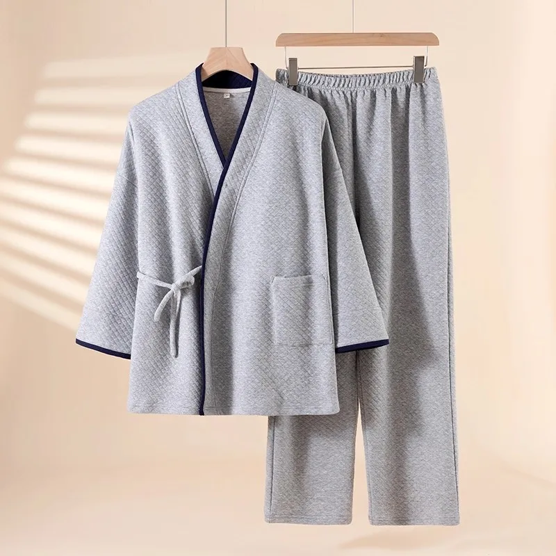 일본 기모노 슈트 남성용 100% 에어 코튼 파자마 긴 소매 바지 투피스 기모노 슈트 남성용 심플한 잠옷 투피스