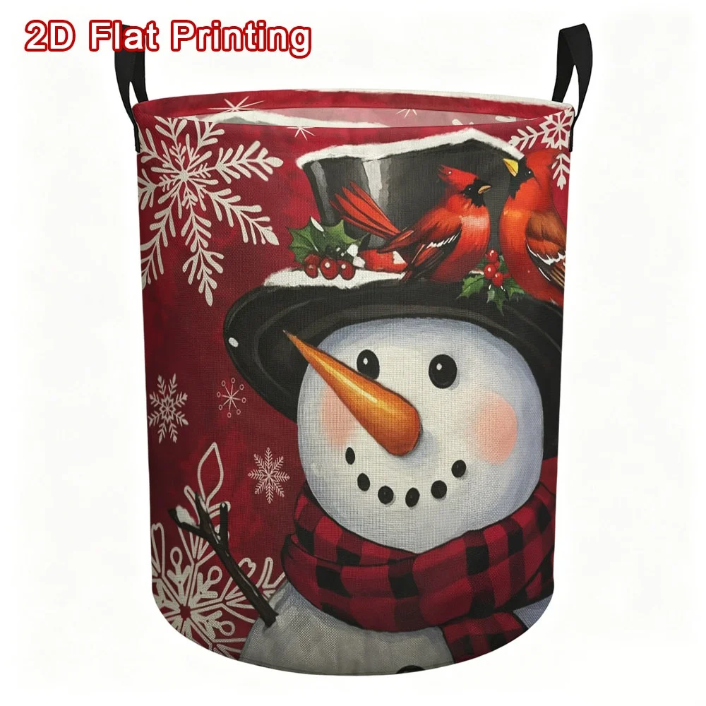 1pc, Festive Winter Snowman Print Storage Basket, Polyester Organizer with Cheerful Snowman Red Cardinal Snowflake Pattern