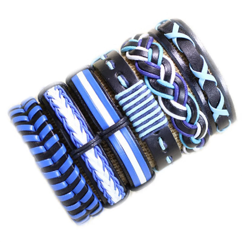 6Pcs/ Set Braided Wrap Leather Bracelets for Men Charm Ethnic Tribal Adjustable Bracelet Leather Weave Wristbands Jewelry-S02