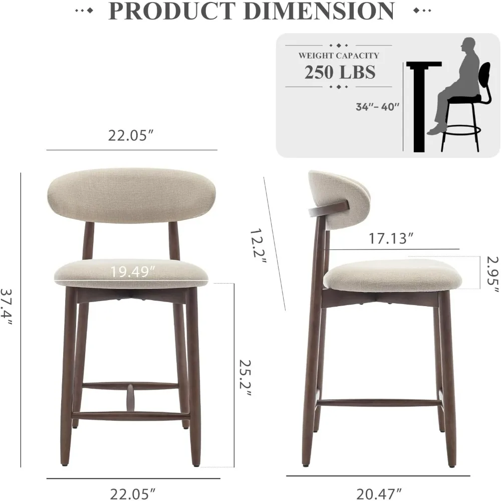 Bar Stools Set of 2, Counter Height Bar Stools, Upholstered Counter Stools with Wood Legs for Kitchen Island Dining Room Bar