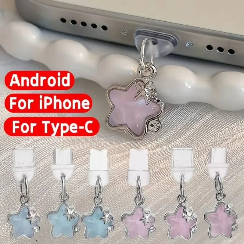 

Luxury Diamond Star Phone Charging Dust Plug Pendant For iPhone/Micro USB/Type C Interface Anti Dust Plug Accessories Decoration