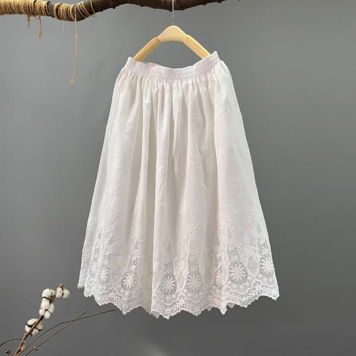 

2025 Mori girl Japan style elastic waist cotton white embroider hollow out midi skirts for women spring a-line skirts