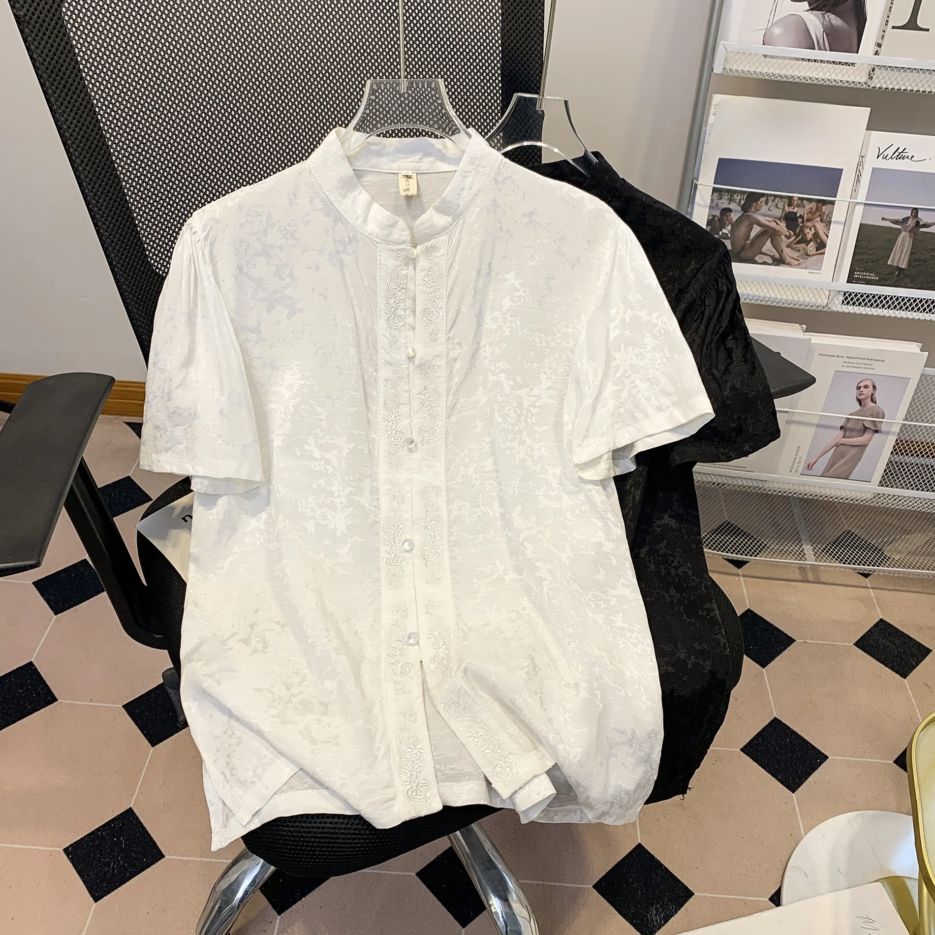 

Elegant Embroidered Stand Collar Shirt Heavy Work Short Sleeve Spring Summer Pure Color Casual Versatile Women's Cotton Shirt