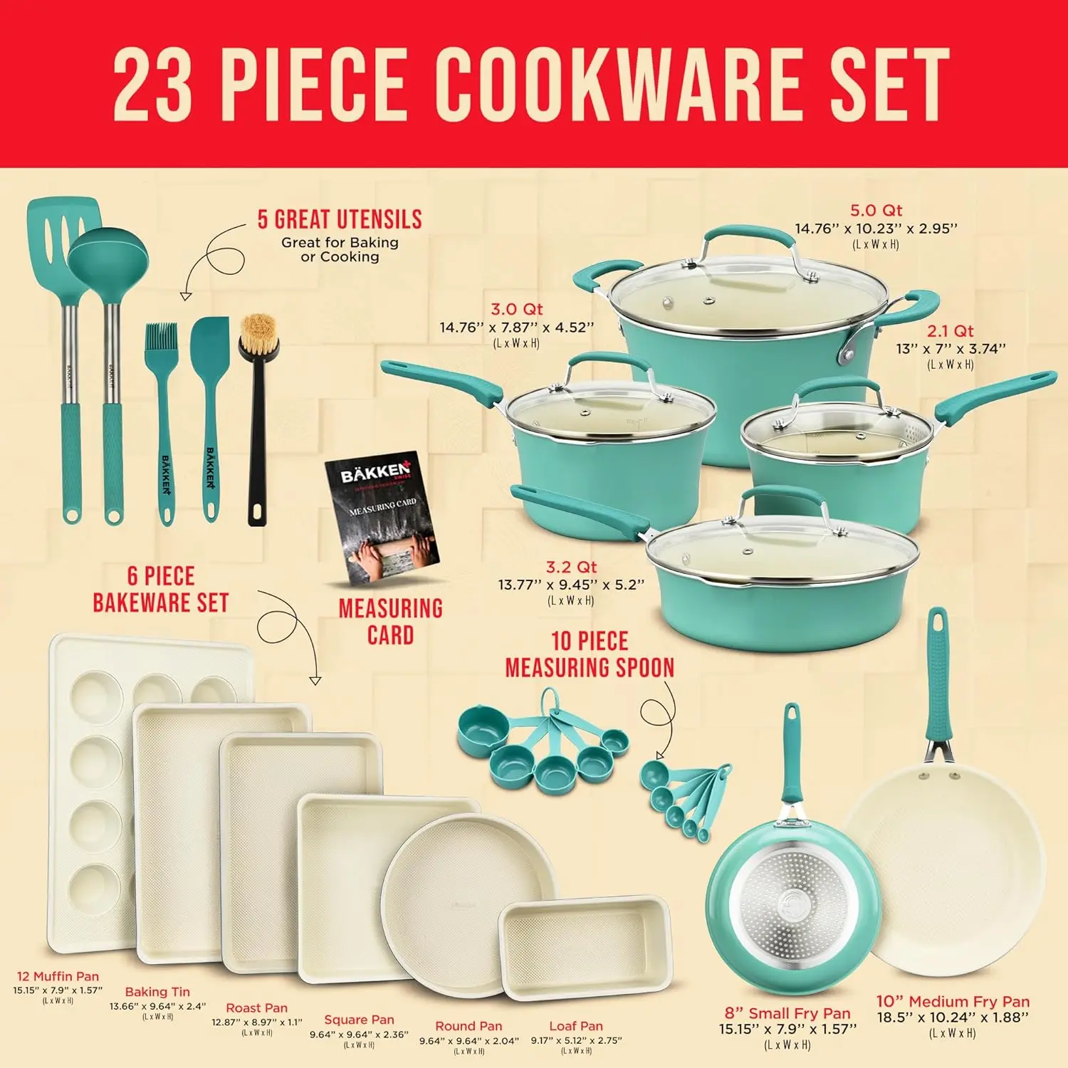 Cookware Set 23 Piece Aqua Multi-Sized Cooking Pots with Lids Skillet Fry Pans Bakeware Reinforced Pressed Aluminum Metal