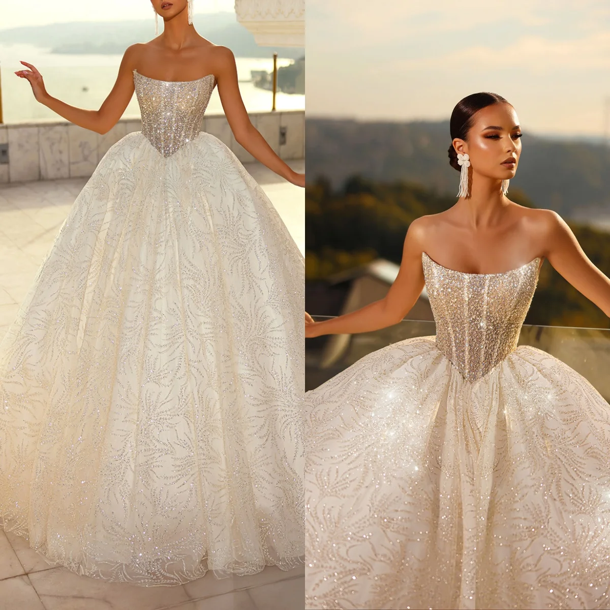 

Sparkly A Line Women Wedding Dress Strapless Sleeveless Bridal Gowns Sequins Crystal Sweep Train Dress Custom Made vestidos