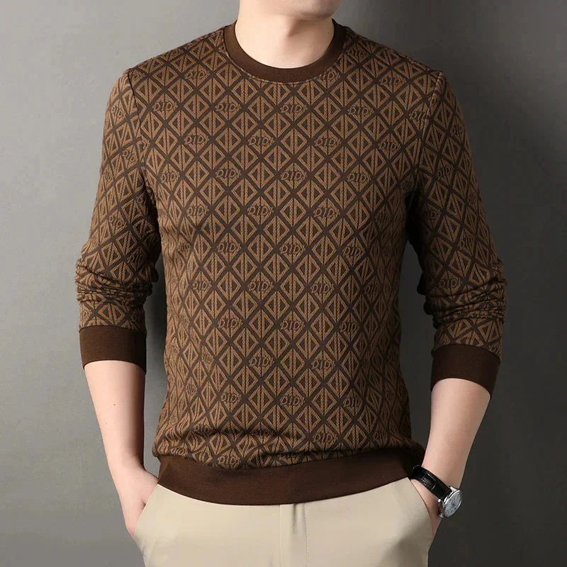 

2025 Spring and Autumn New Long Sleeve T-shirt Men's Round Neck Middle-aged Jacquard Knitted Tops