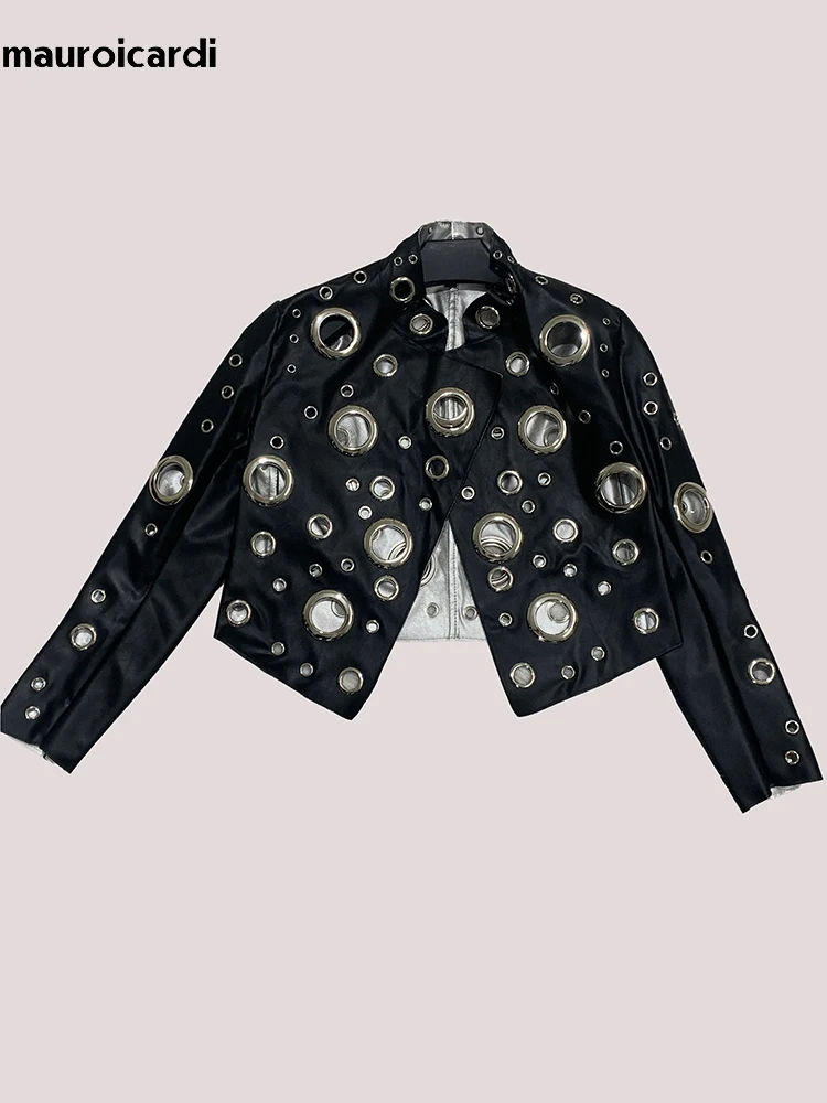 Mauroicardi Spring Short Hollow Out Patchwork Short Pu Leather Jacket Women Cool Luxury Designer European Style Clothes Fashion