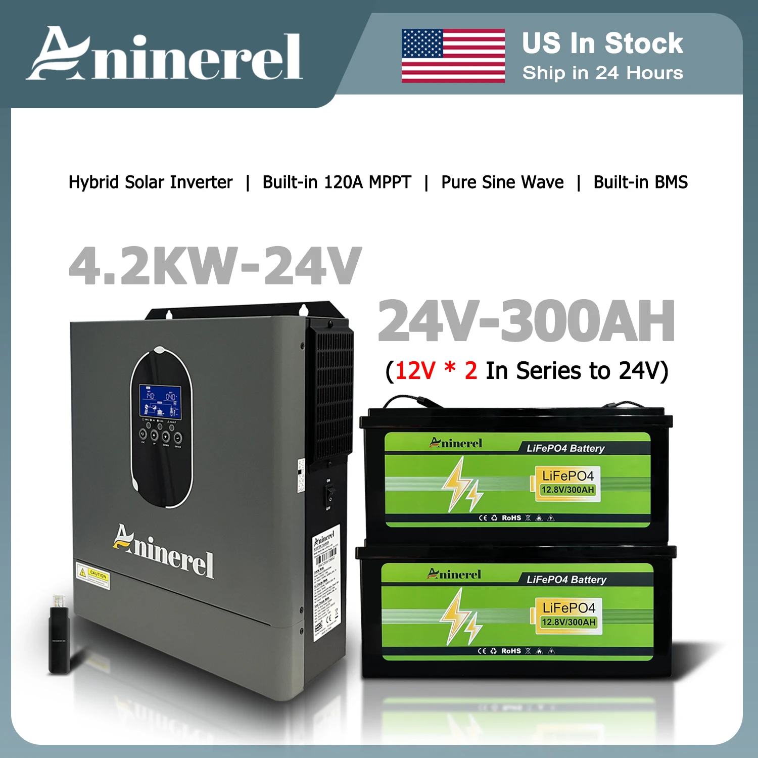 Aninerel 4200W 24V Solar Inverter Built-in 120A MPPT 110V-120VAC 24V(12V*2 In Series) 300AH LiFePO4 Battery Built-in BMS 6000+ Cycles US In Stock