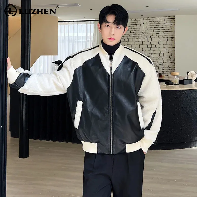 

LUZHEN 2024 New Trendy Men's Leather Jackets Korean Fleece Splicing Design Lamb Wool Coat Contrast Color Stylish Original LZ5758