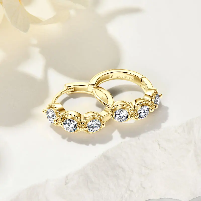 IOGOU 925 Sterling Silver Original Certified Three Stone Moissanite Hoop Earrings for Women Trendy Engagement Jewelry Accesories