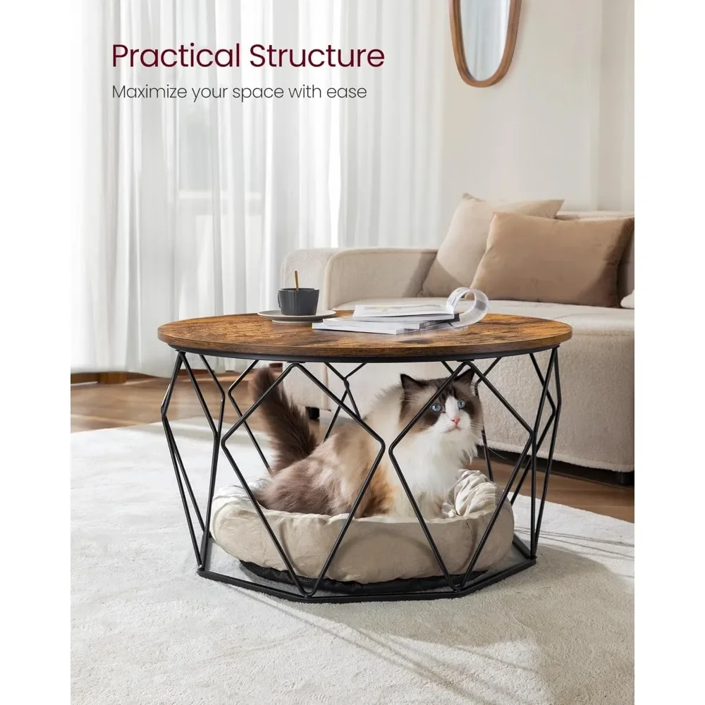 Round Coffee Table for Living Room, Cage Cocktail Table with Steel Frame, 31.5 Inches Dia., Industrial Style, Rustic Bro
