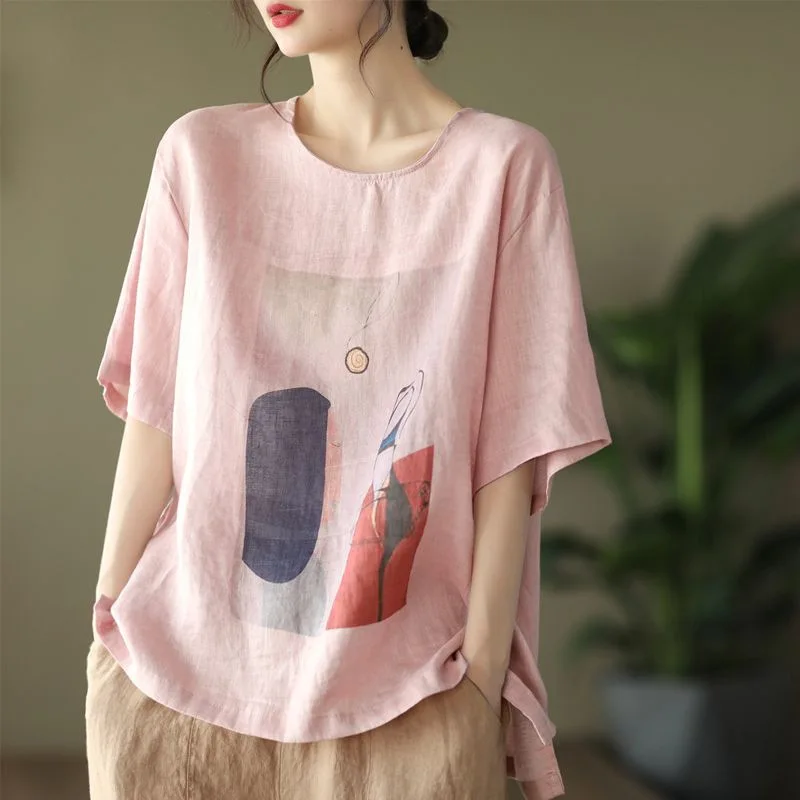 Women Abstract Print Linen T Shirt Loose O Neck Half Sleeve Casual All-match Vintage Fashion Blouse