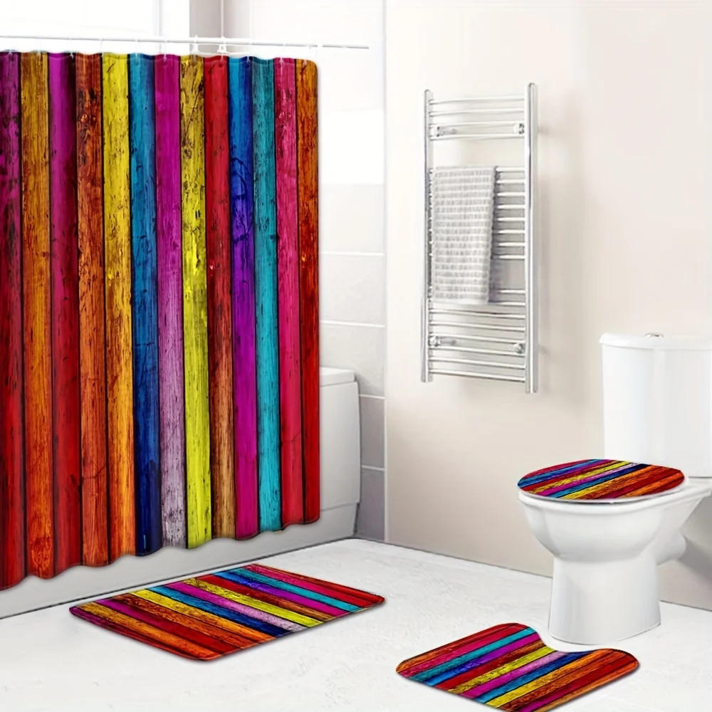 Colorful Wood Grain Shower Curtain And Bathroom Blanket, Waterproof Shower Curtain Bathroom Non-Slip Mats And Toilet Lid Cover