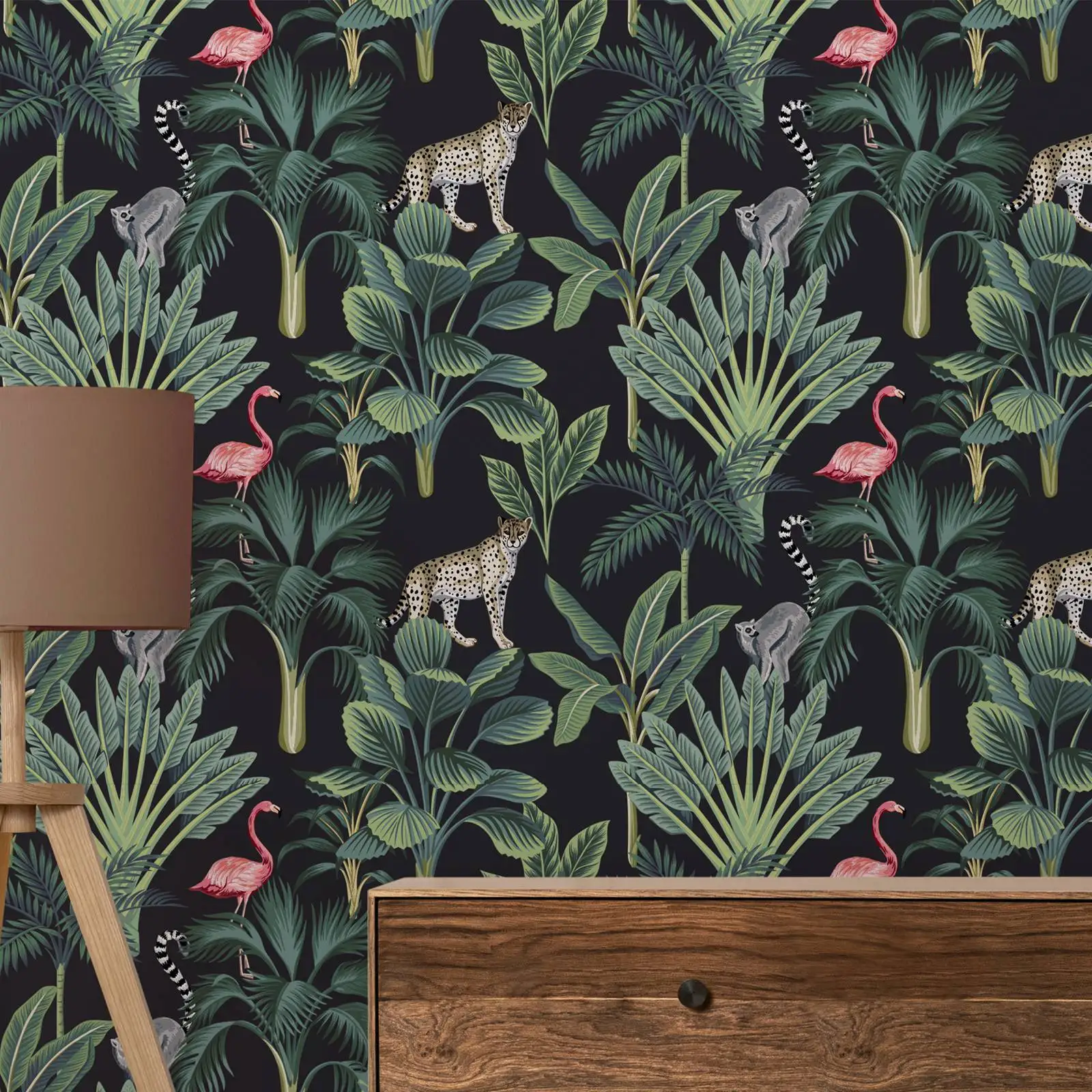 Imagem -05 - Papel de Parede de Animais Selvagens Vintage Tropical Peel And Stick Wall Papers Palmeiras Mural Parede de Fundo Escuro Flamingo