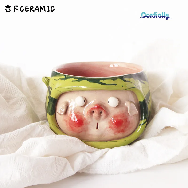 Cute Pig Watermelon Ceramic Bowl Underglaze Hand-Painted Creative Rice Yogurt Tableware Home Kitchen Decor Gift